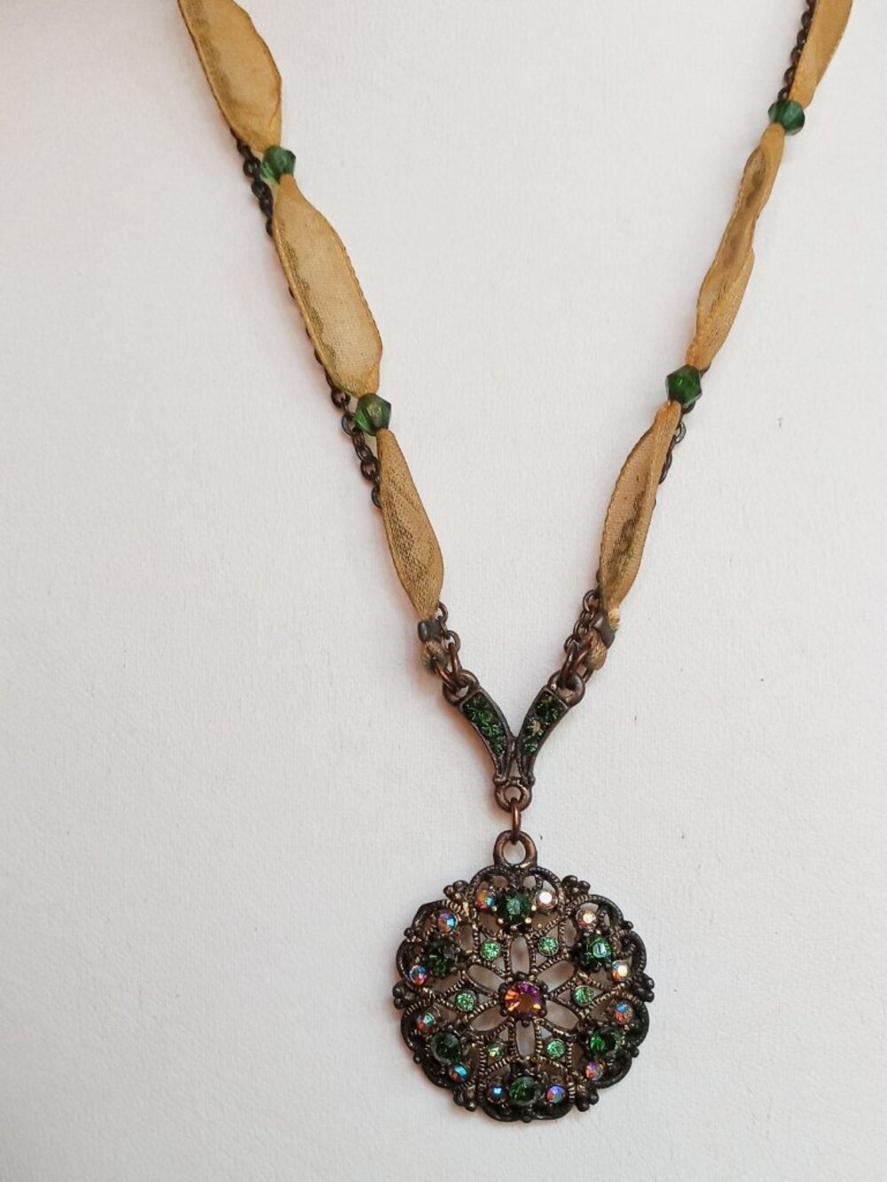 Vintage Filigree-style Pendant Necklace w/Multi-colored Crystal Rhinestones - Picture 8 of 16